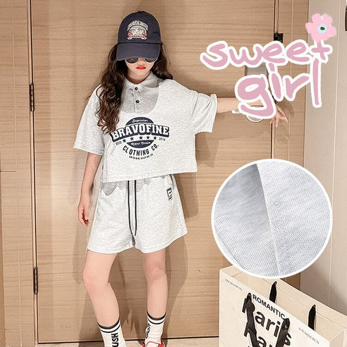 Joy Girls 2024 Summer Time Girls Summer Gray Suit Set Lettering PK T-Shirt Polotti Collar T-Shirt Blend Short Sleeve T-Shirt Sweat Shorts Sweat Sweat Sweat Underwear Elementary School Elementary School Student Middle School Student Team Uniform