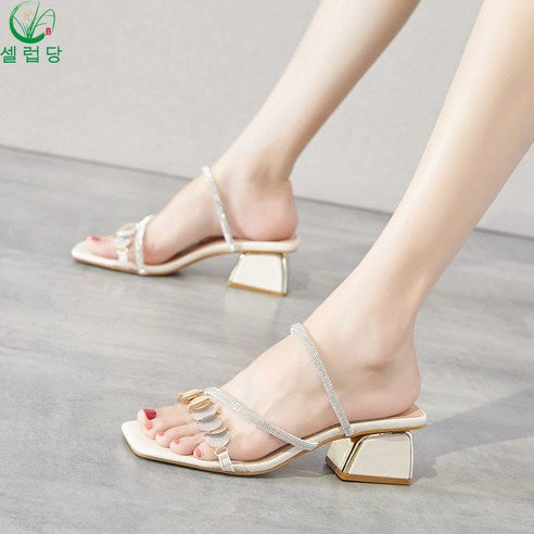 CELEB PARTY WOMEN'S SUMMER DIAGONAL STRAP SLIPPERS 4CM CUBIC SLIPPERS A01442