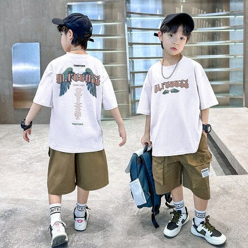 ビエンス boys summer set elementary school student sweat loose fit short sleeve shorts elementary and junior high school wing subtitles top and bottom