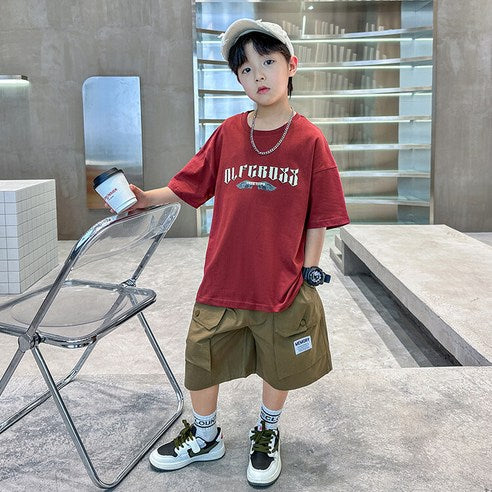 ビエンス boys summer set elementary school student sweat loose fit short sleeve shorts elementary and junior high school wing subtitles top and bottom