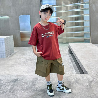 ビエンス boys summer set elementary school student sweat loose fit short sleeve shorts elementary and junior high school wing subtitles top and bottom