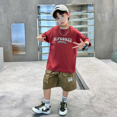 ビエンス boys summer set elementary school student sweat loose fit short sleeve shorts elementary and junior high school wing subtitles top and bottom