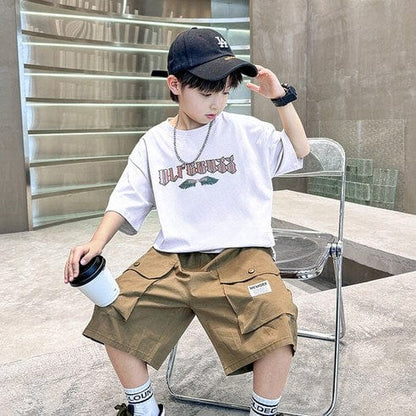 ビエンス boys summer set elementary school student sweat loose fit short sleeve shorts elementary and junior high school wing subtitles top and bottom