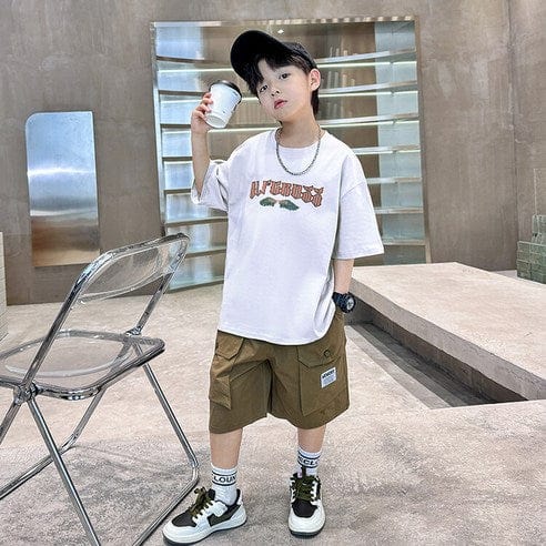 ビエンス boys summer set elementary school student sweat loose fit short sleeve shorts elementary and junior high school wing subtitles top and bottom