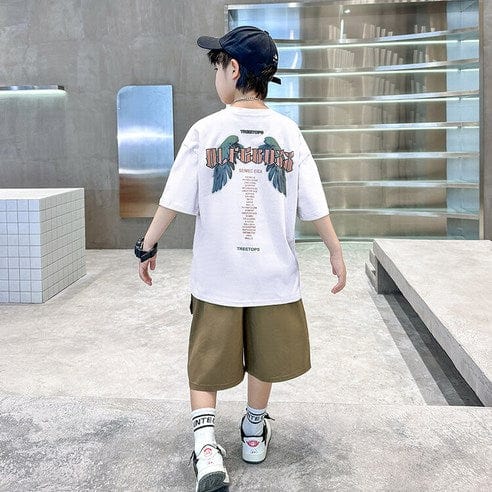 ビエンス boys summer set elementary school student sweat loose fit short sleeve shorts elementary and junior high school wing subtitles top and bottom