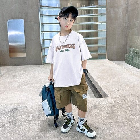 ビエンス boys summer set elementary school student sweat loose fit short sleeve shorts elementary and junior high school wing subtitles top and bottom