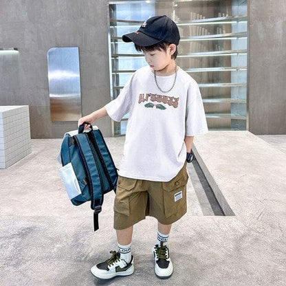 ビエンス boys summer set elementary school student sweat loose fit short sleeve shorts elementary and junior high school wing subtitles top and bottom