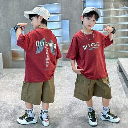 ビエンス boys summer set elementary school student sweat loose fit short sleeve shorts elementary and junior high school wing subtitles top and bottom