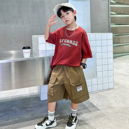 ビエンス boys summer set elementary school student sweat loose fit short sleeve shorts elementary and junior high school wing subtitles top and bottom