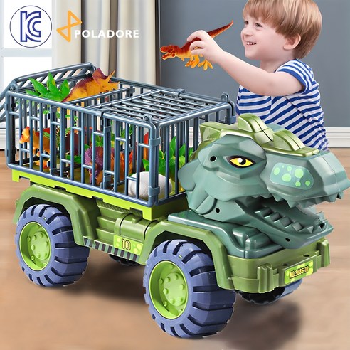 Poladore KC Certified Dinosaur Toy Set Crane Dump Truck Transport Car Tyranno Heavy Duty Car